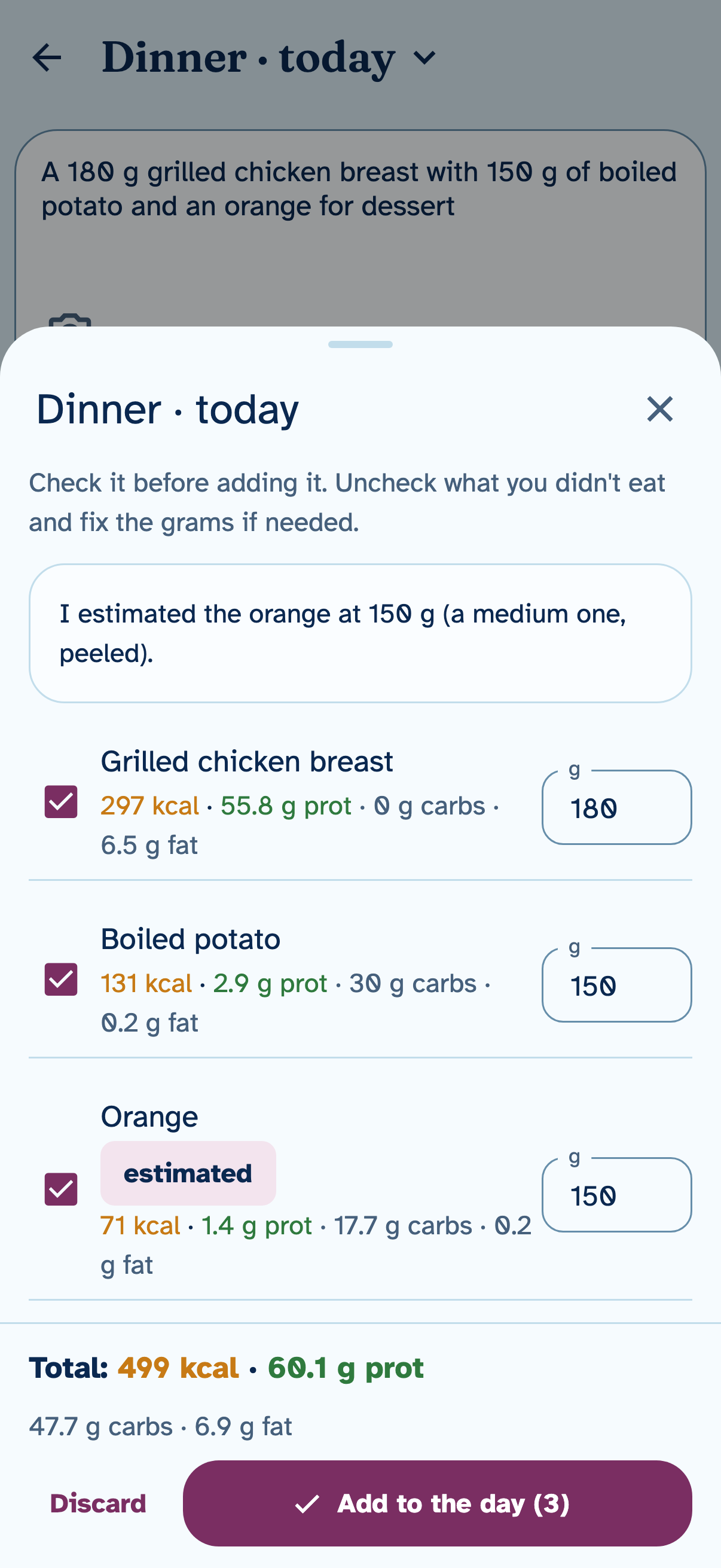 An example in Evzia: a dinner typed as one sentence comes out food by food (chicken breast, a boiled potato and an estimated orange), totaling 499 kcal and 60.1 g of protein, ready to review before adding it to the day.